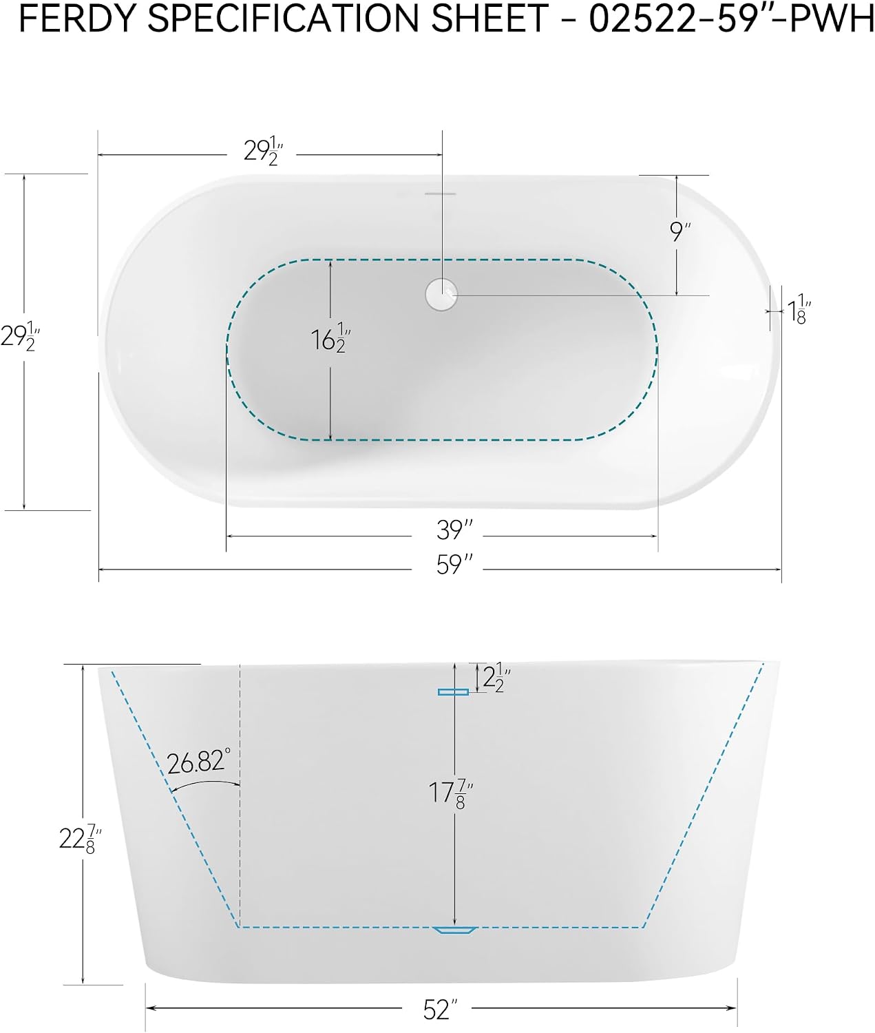 FerdY Shangri-La 59' Acrylic Freestanding Bathtub, Gracefully Shaped Soaking Bathtub, Glossy White, cUPC Certified, Polishe White Drain & Minimalist Linear Design Overflow Included, 02522