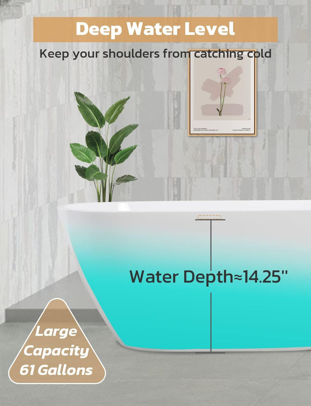 Zevemomo 63 inch Freestanding Bathtub, Acrylic Free Standing Soaking Bathroom Tub with Brushed Nickel-Finished Overflow and Anti-Clogging Drain, Easy Installation, White