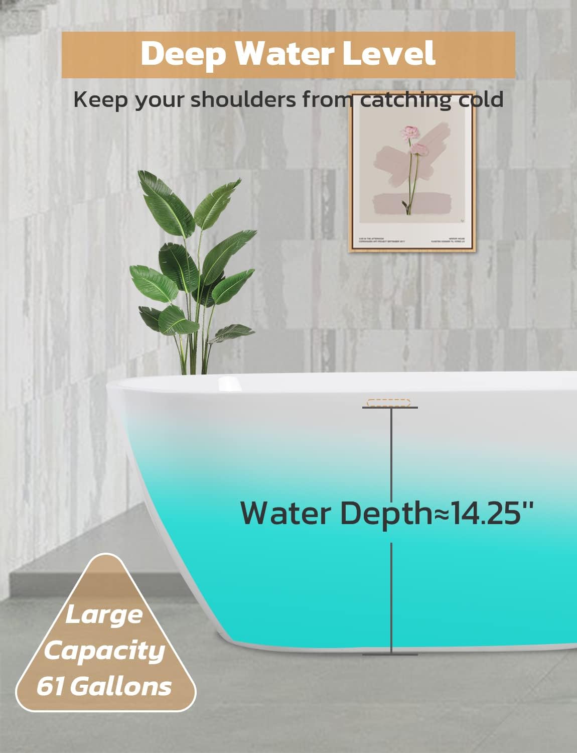 Zevemomo 63 inch Freestanding Bathtub, Acrylic Free Standing Soaking Bathroom Tub with Brushed Nickel-Finished Overflow and Anti-Clogging Drain, Easy Installation, White