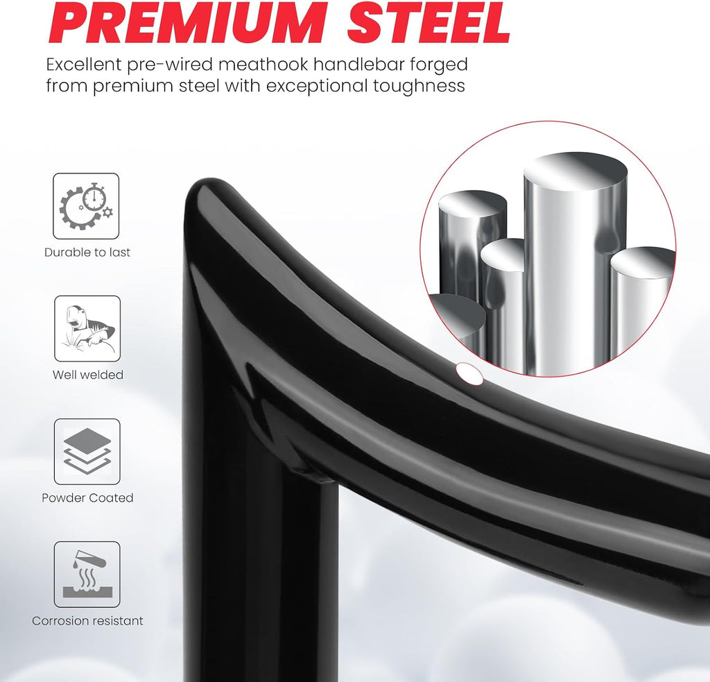 12' pre-wired meathook bar Ape Hanger Handlebar 1 ¼' Compatible With Harley Davidson Bagger Electra Glide Street Glide Ultra Limited 2016-2023, Miter Cut Heated Option Handlebar, Gloss Black