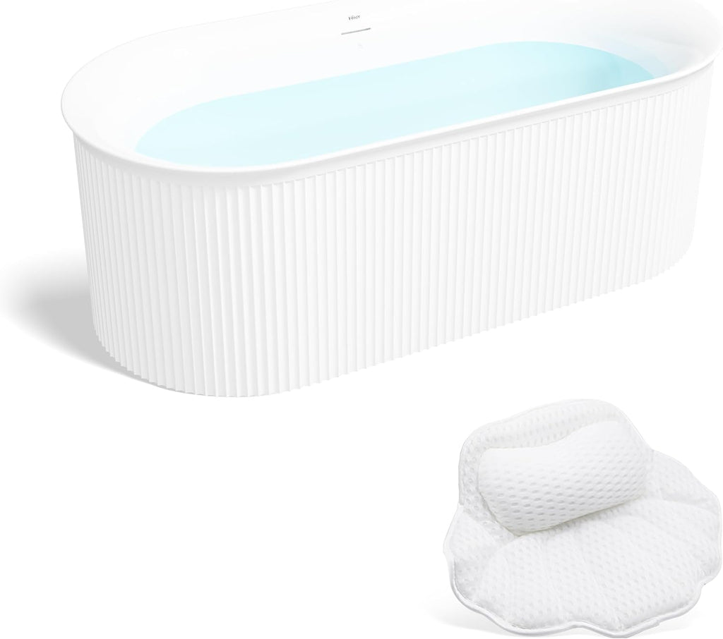 FerdY Nami 67' Acrylic Freestanding Bathtub, V Shape Freestanding Soaking Acrylic Bathtub, Modern White, Brushed Nickel& Bath Pillow for Bathtub,Thick Tub Pillows, Breathable 4D Air Mesh