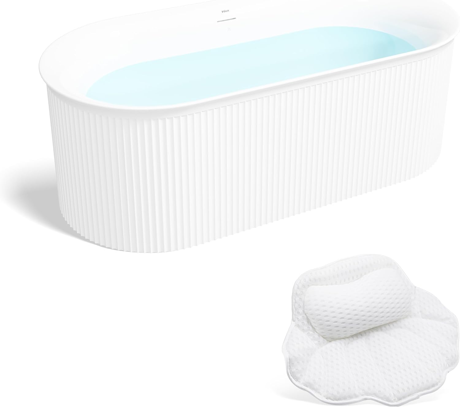 FerdY Nami 67' Acrylic Freestanding Bathtub, V Shape Freestanding Soaking Acrylic Bathtub, Modern White, Brushed Nickel& Bath Pillow for Bathtub,Thick Tub Pillows, Breathable 4D Air Mesh