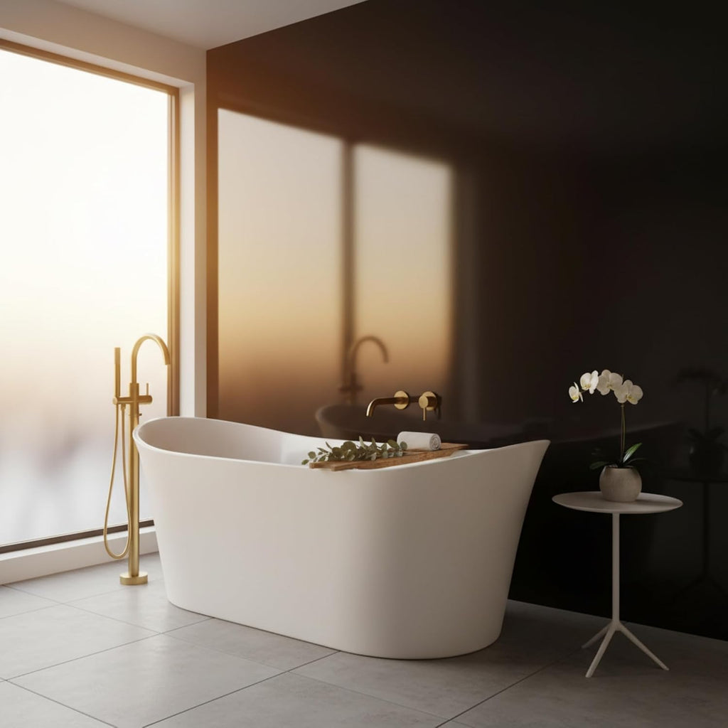 Bergamo 67' Freestanding Acrylic Bathtub with Chrome Drain, Glossy White Seamless Soaking Tub, Fiberglass Reinforced with Leveling Legs, 46 Gal Capacity