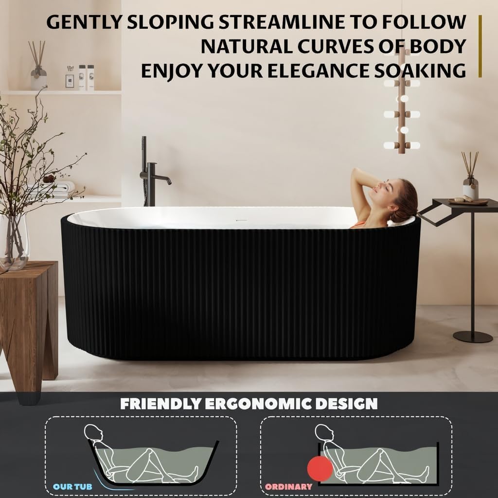 Freestanding Bathtub 59-inch,Acrylic Soaking Tub with Overflow Drain, CUPC Certified Thickened Design Glossy Black for Modern Bathroom