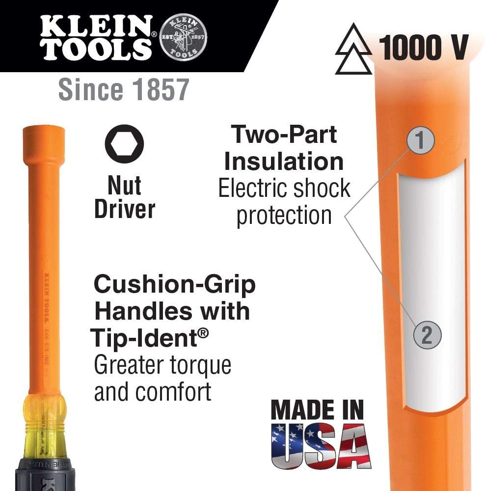 Klein Tools Insulated Screwdriver and Nut Driver Sets, Made in USA, 1000V, 9-Piece, Includes Screwdrivers with Cabinet, Keystone and Phillips Tips and Nut Drivers from 3/16 to 5/8 Inch