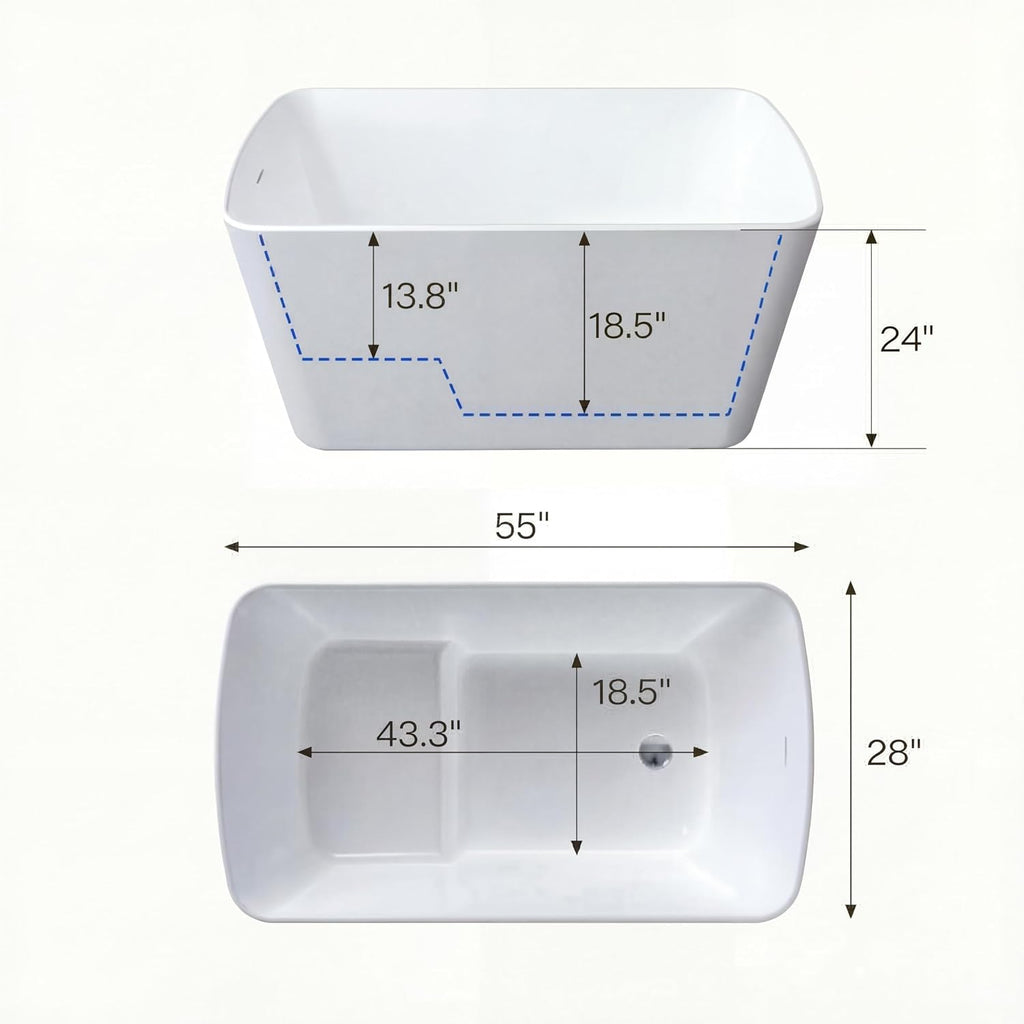 GarveeLife 55 InchFreestanding Acrylic Bathtub, Deep Soaking Tub with Non-Slip Base & Chrome Drain, Space-Saving Bathtub, Easy Install, CUPC CertifiedModern Tub for Bathrooms