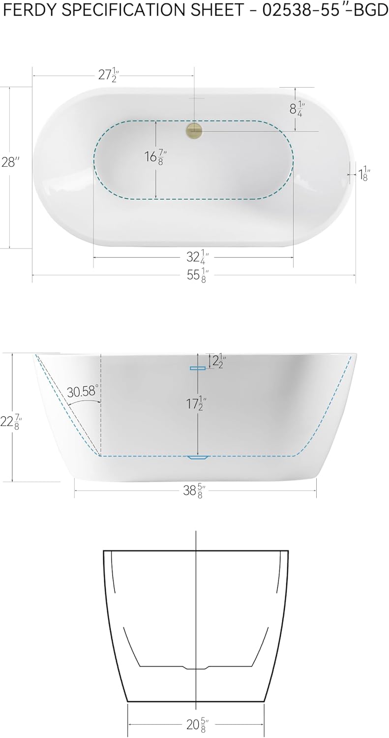 FerdY 55' Acrylic Freestanding Bathtub, Contemporary Soaking tub with Brushed Gold Drain, Elegant Oval Shape, cUPC Certified, Bali
