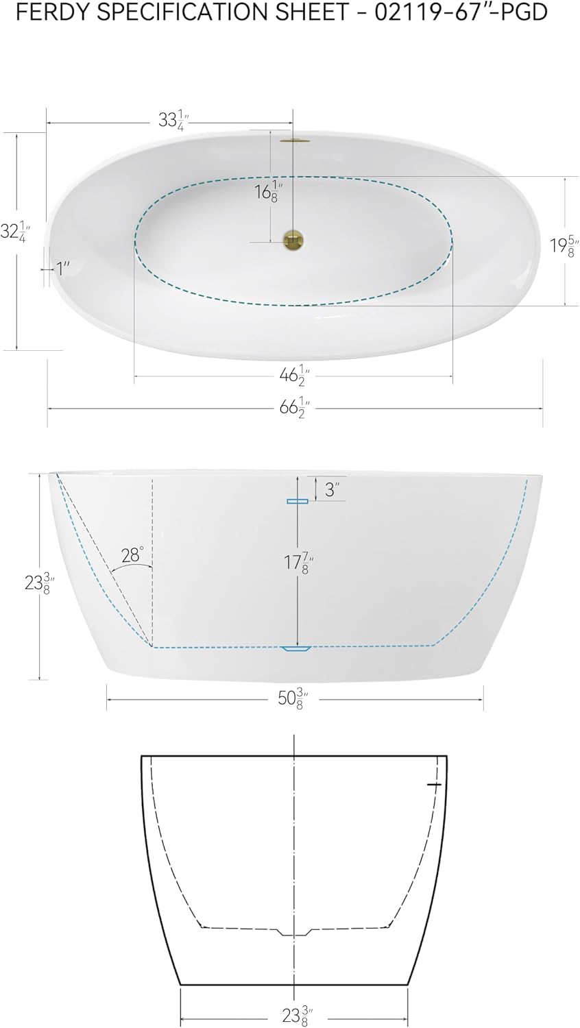 FerdY 67' Acrylic Freestanding Bathtub, Contemporary Soaking tub with Polished Gold Drain & Overflow, cUPC Certified, Elegant Oval Shape, Tahiti