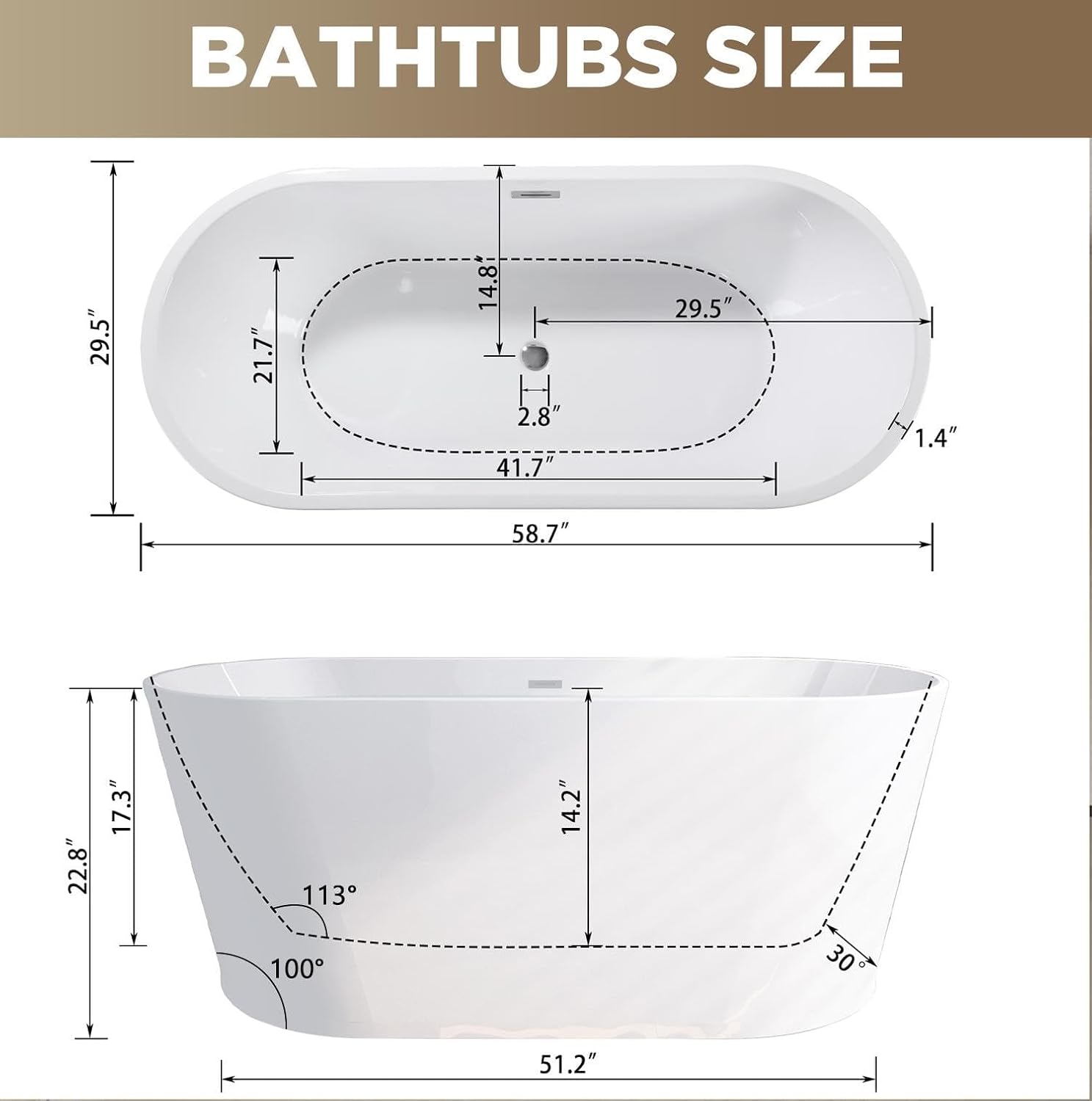 59' Acrylic Freestanding Bathtub, Stand Alone Soaking Tub, Glossy White Acrylic, Toe-tap Chrome Drain, cUPC Certified