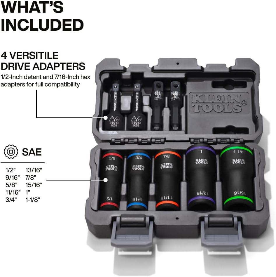 Klein Tools 66055 2-in-1 Flip Socket Set, Color-Coded, 12-Point, Includes 4 Adapters, 3/8-Inch and 1/2-Inch Drive