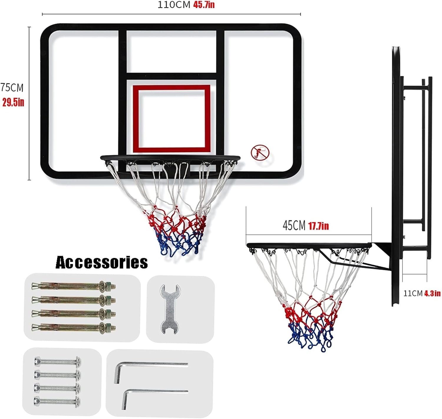 Mini Basketball Hoop, PC Transparent Backboard, Indoor Outdoor Portable Basketball Training Stand, 110x75cm