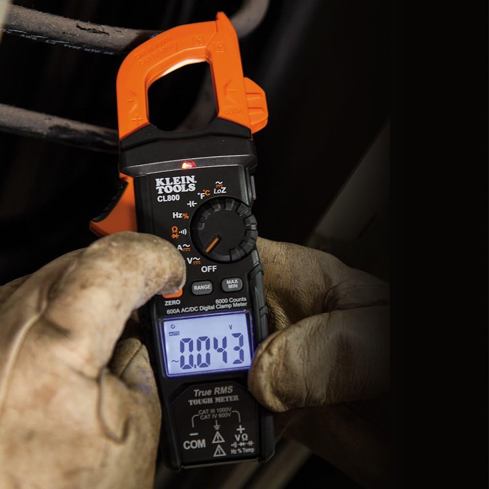 Klein Tools CL800 Digital Clamp Meter, Auto Ranging TRMS, AC/DC Volt/Current, LOZ, Continuity, Frequency, Capacitance, NCVT, Temp, More 1000V