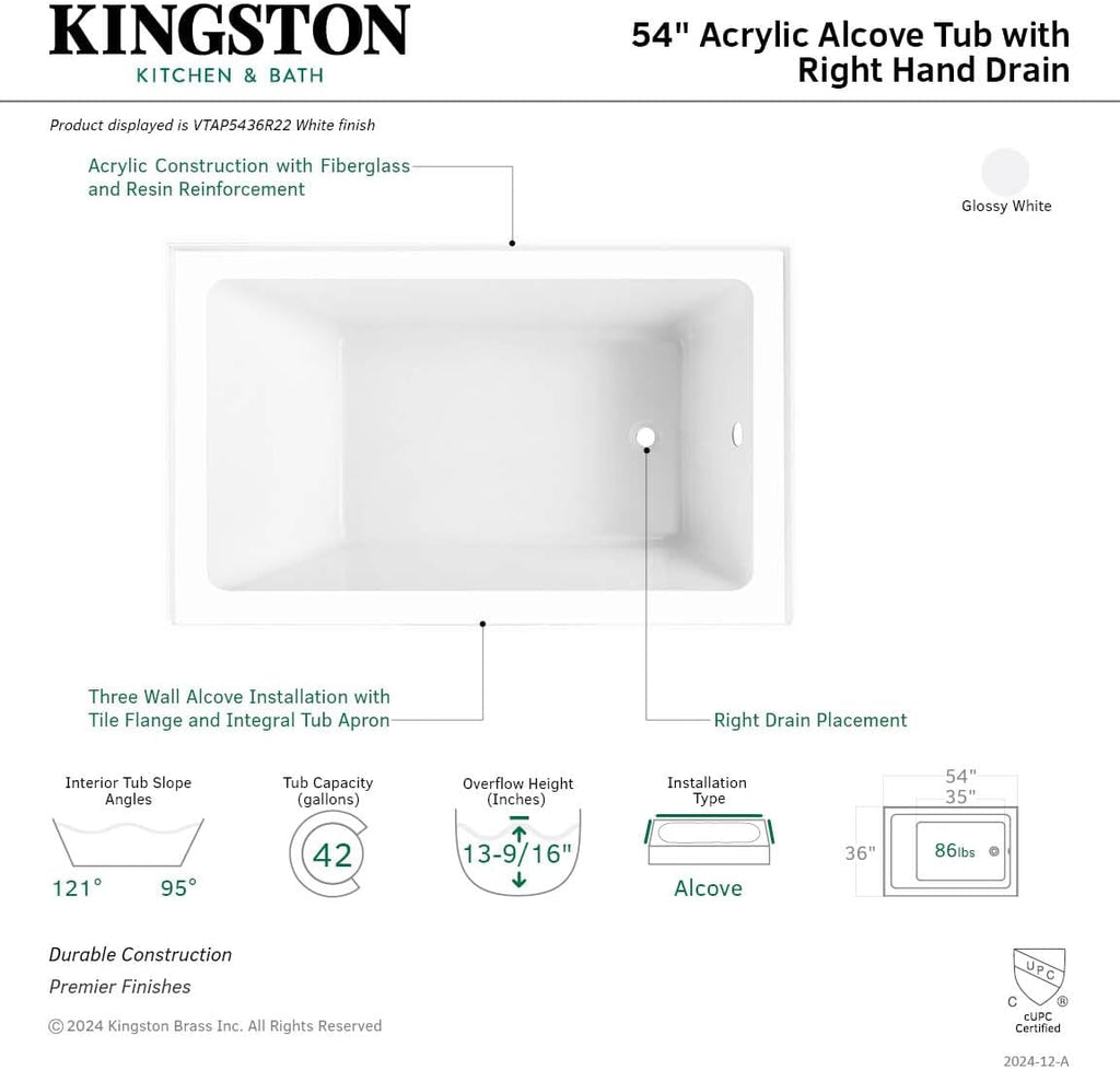 Aqua Eden VTAP5436R22 54-Inch Acrylic 3-Wall Alcove Tub with Right Hand Drain, Glossy White