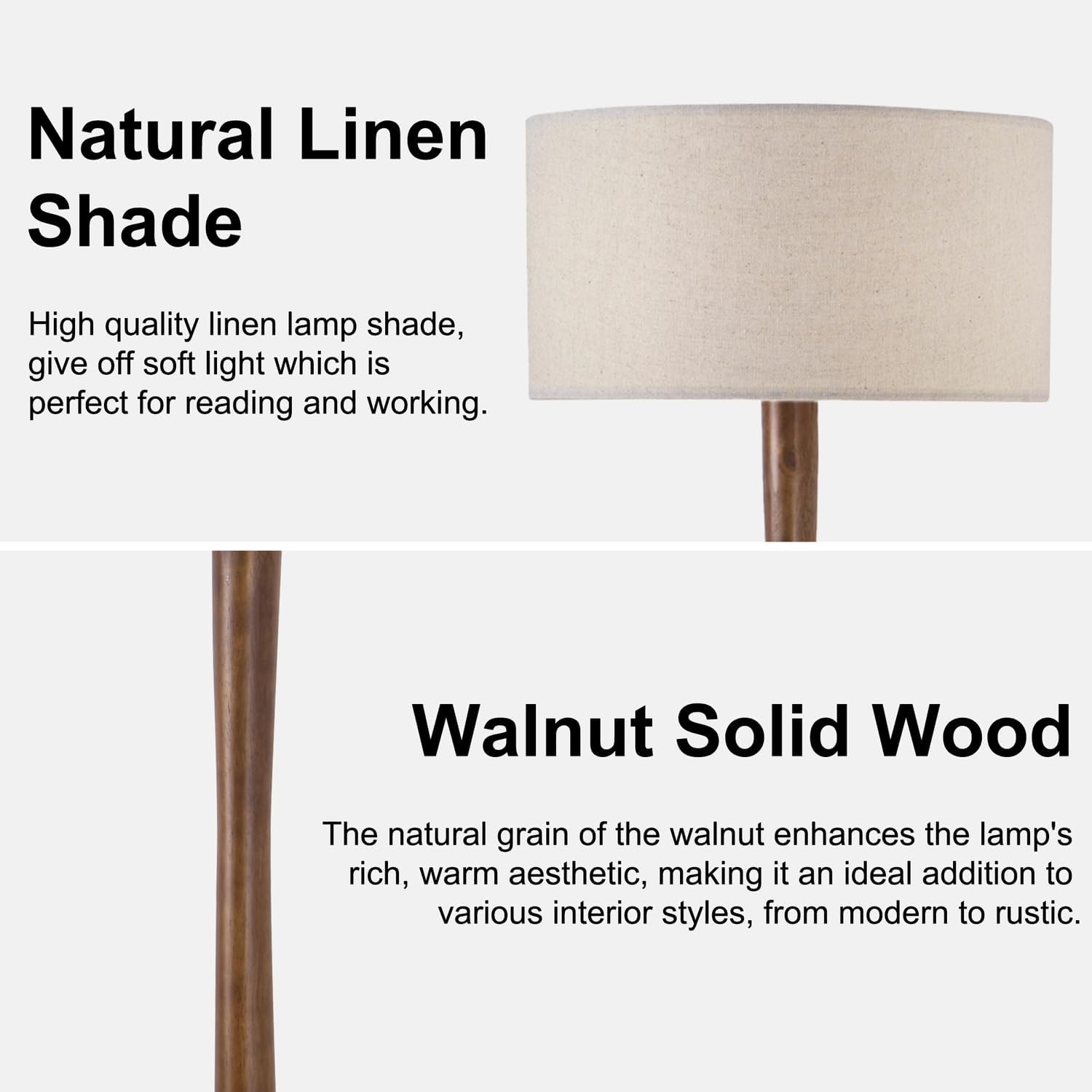 62' Tall Rustic Wood Floor Lamp for Living Room, Farmhouse Walnut Wood Floor Lamps with Linen Shade, UL Listed Standing Lamps with Wooden Base for Bedroom, Corner, Living Room, Office, Beige Shade