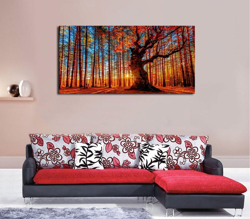 Forest Wall Art Sunset Canvas Pictures Red Leaf Trees Landscape Canvas Artwork Contemporary Nature Painting Print for Living Room Bedroom Home Office Wall Decor Framed Ready to Hang 29' x 58'