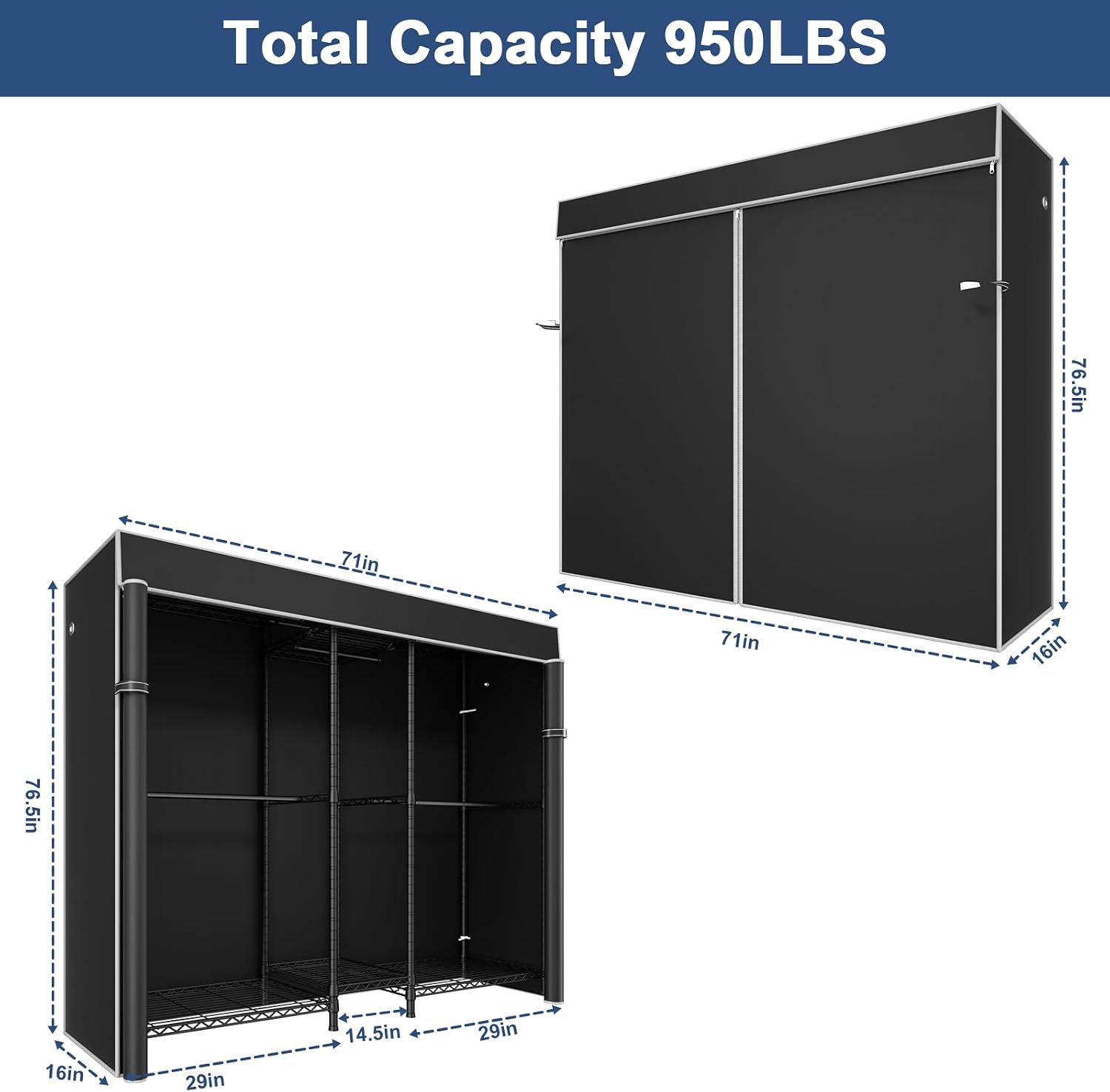Ulif E12C and E13C Heavy Duty Closet Organizer System, Freestanding Clothing Racks for Hanging Clothes，Adjustable Garment Rack, Black Clothing Rack with Black Dustproof Cover