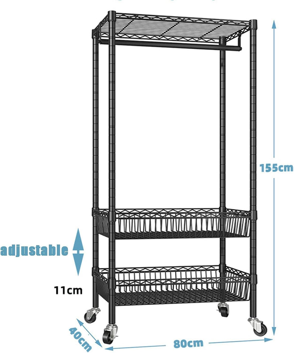 Heavy Duty Clothes Rack, Rolling Garment Rack 3 Tier Adjustable Wire Shelving with Hanger Rod&Side Hooks Clothing Racks for Hanging Clothes Clothes Storage and Display