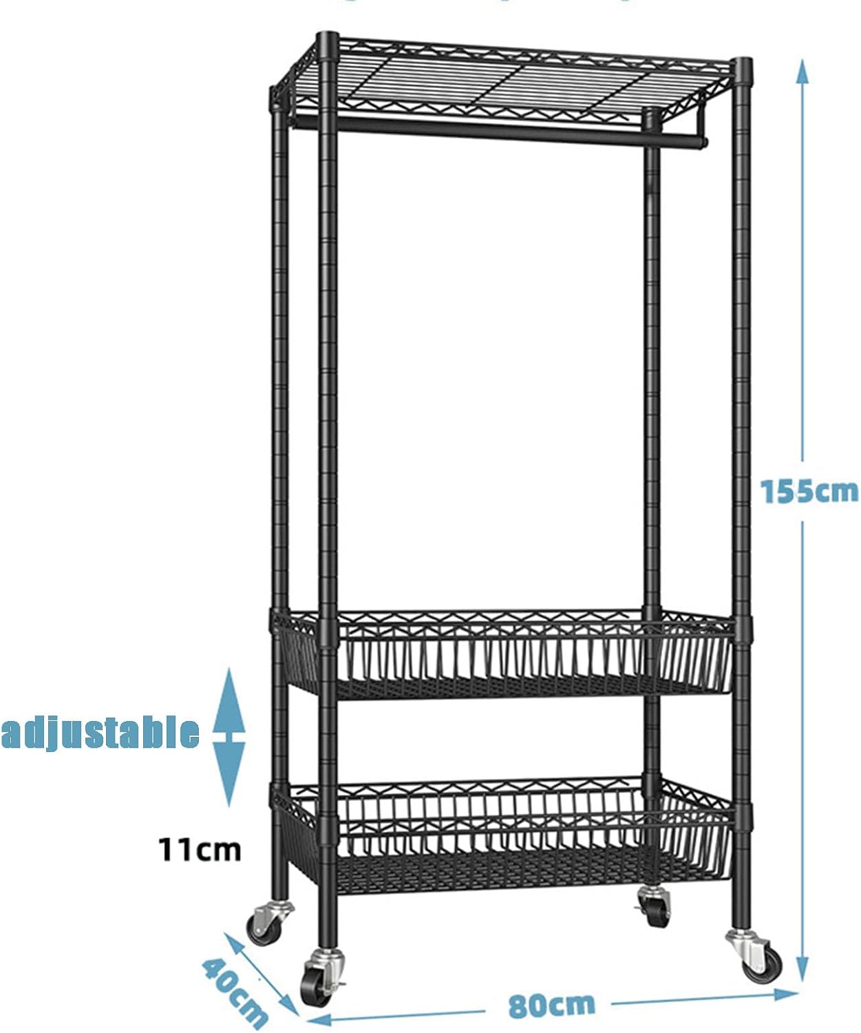 Heavy Duty Clothes Rack, Rolling Garment Rack 3 Tier Adjustable Wire Shelving with Hanger Rod&Side Hooks Clothing Racks for Hanging Clothes Clothes Storage and Display