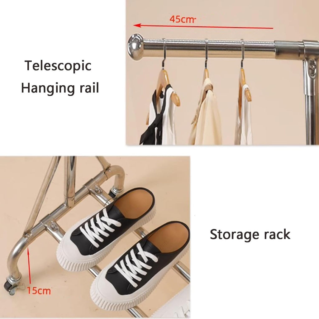 Heavy Duty Coat Rack, Garment Rack Double Rod Clothing Racks On Wheels, Silver Stainless Steel Clothes Rail, Extendable Hanging Rail, Adjustable Height, Portable Clothes Organizer for Bedroom