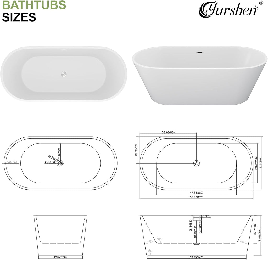 67 Inch Freestanding Acrylic Soaking Tub White Roll Top Bathtub with Chrome Drain Spa-Like Glossy Finish, YSB9223