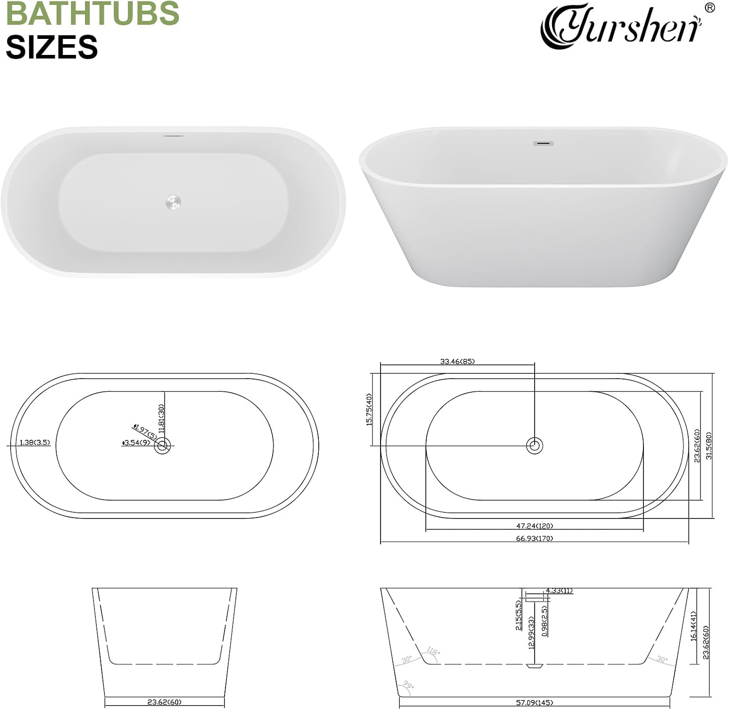 67 Inch Freestanding Acrylic Soaking Tub White Roll Top Bathtub with Chrome Drain Spa-Like Glossy Finish, YSB9223