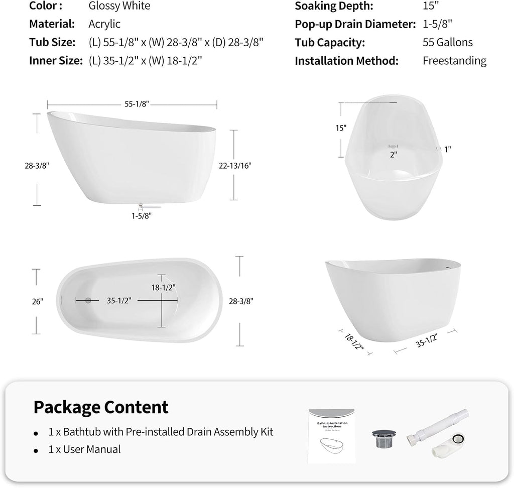 55' Acrylic Soaking Tub with Pop-up Drain & Integrated Overflow, Freestanding Bathtub with Double-Wall Insulation, Stand Alone Tub, Ergonomic, Easy Install (55')