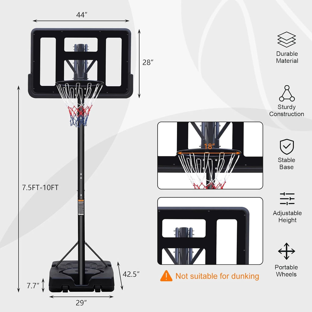 Basketball Hoop Outdoor 7.5-10ft Adjustable, Basketball Hoop Indoor with 44 Inch Backboard Basketball net and Wheels, Portable Basketball Hoop Goal System in Backyard/Driveway/Indoor