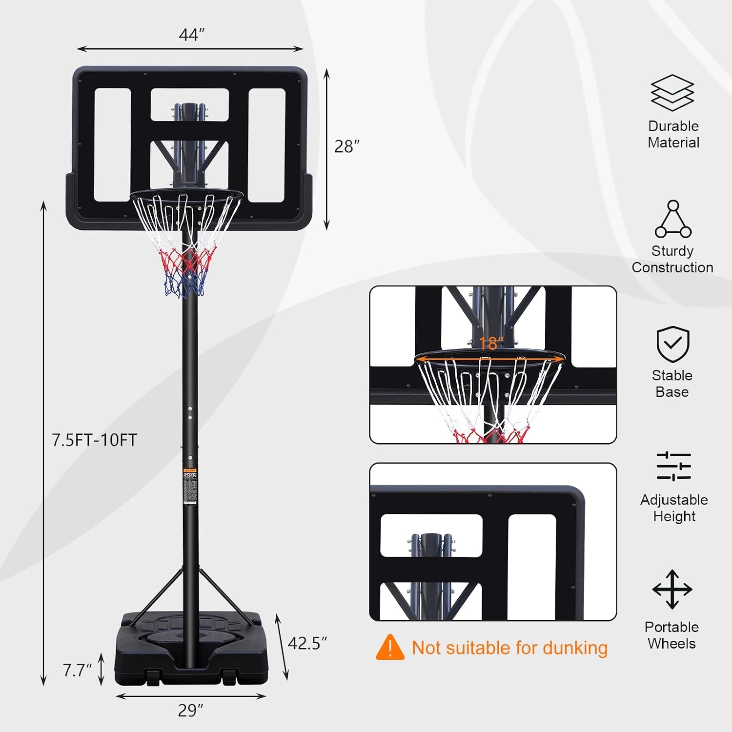 Basketball Hoop Outdoor 7.5-10ft Adjustable, Basketball Hoop Indoor with 44 Inch Backboard Basketball net and Wheels, Portable Basketball Hoop Goal System in Backyard/Driveway/Indoor