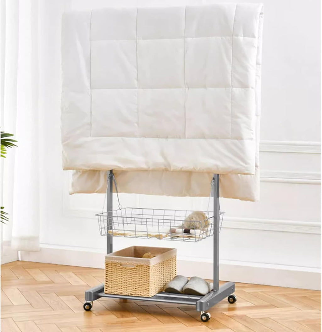 Heavy Duty Coat Rack, Garment Rack Aluminum Alloy Clothes Rail On Wheel, Multifunctional Clothing Rack with 2 Foldable Hooks, Removable Storage Basket and Shelves, Space Saving Coat Rack
