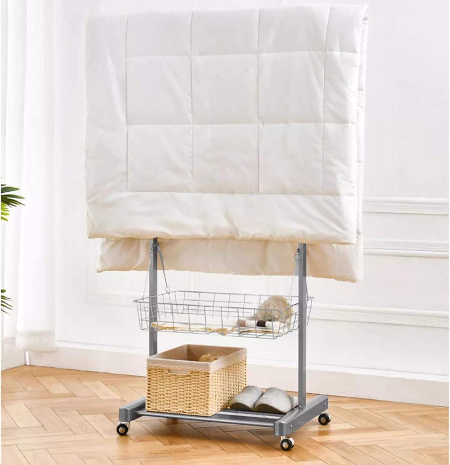 Heavy Duty Coat Rack, Garment Rack Aluminum Alloy Clothes Rail On Wheel, Multifunctional Clothing Rack with 2 Foldable Hooks, Removable Storage Basket and Shelves, Space Saving Coat Rack