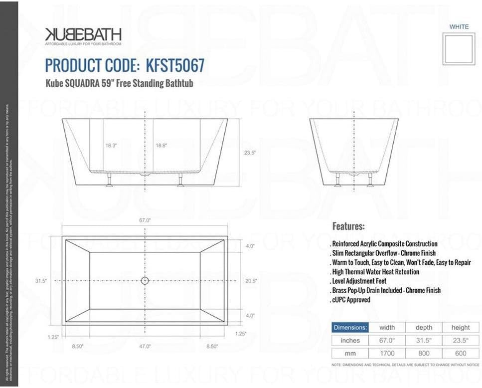 Kube Squadra 67' White Free Standing Bathtub Slim Rectangular Overflow