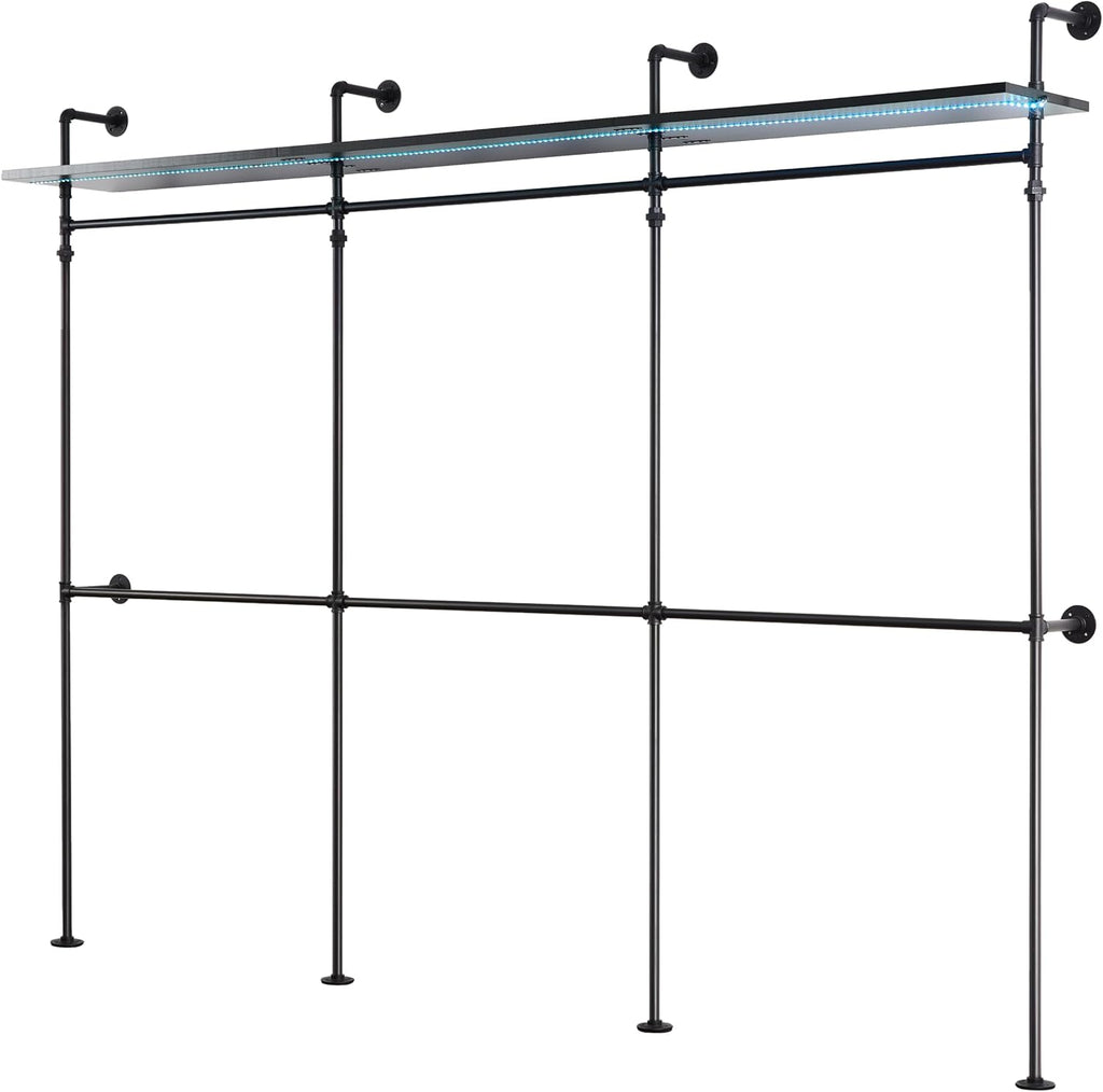 Industrial Pipe Clothing Rack Reversible 118.3'' Clothes Rack for Hanging Clothes Heavy Duty Garment Rack Closet Wardrobe Rack with LED Lights Shelves Walk-in Closet System Black Three