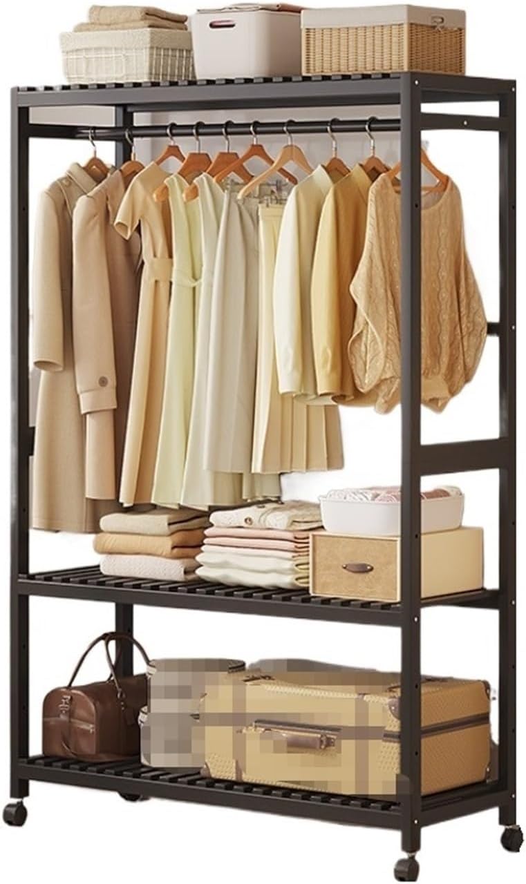 Armoire Adults Rolling Garment Rack Shelving Clothes Coat with Wheels Functional Shelf Hanging(Black,160x83x34cm)