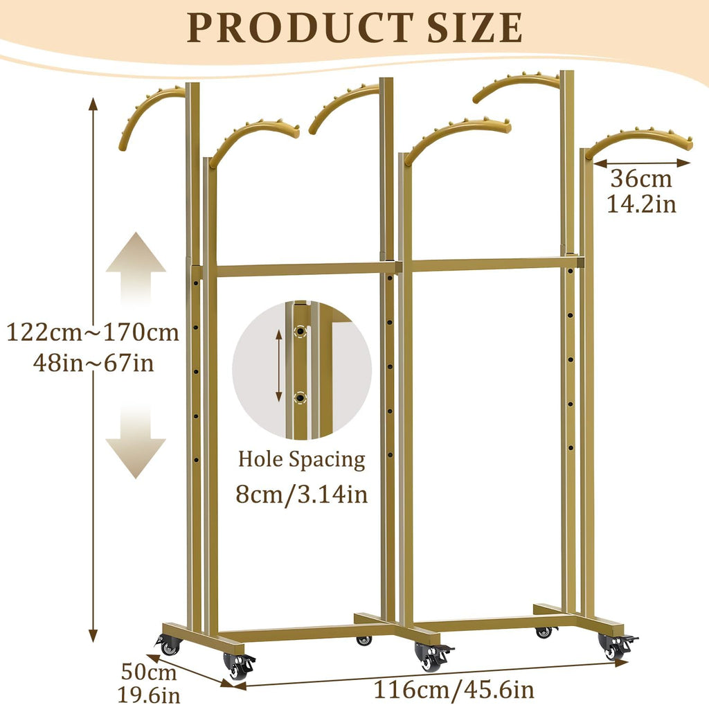 Clothing Rack,Heavy Duty Gold Clothing Rack with Adjustable Height, 6 Curved Arms Wheels - Floor Standing Metal Garment Rack for Retail Store Display Home Use,Gold