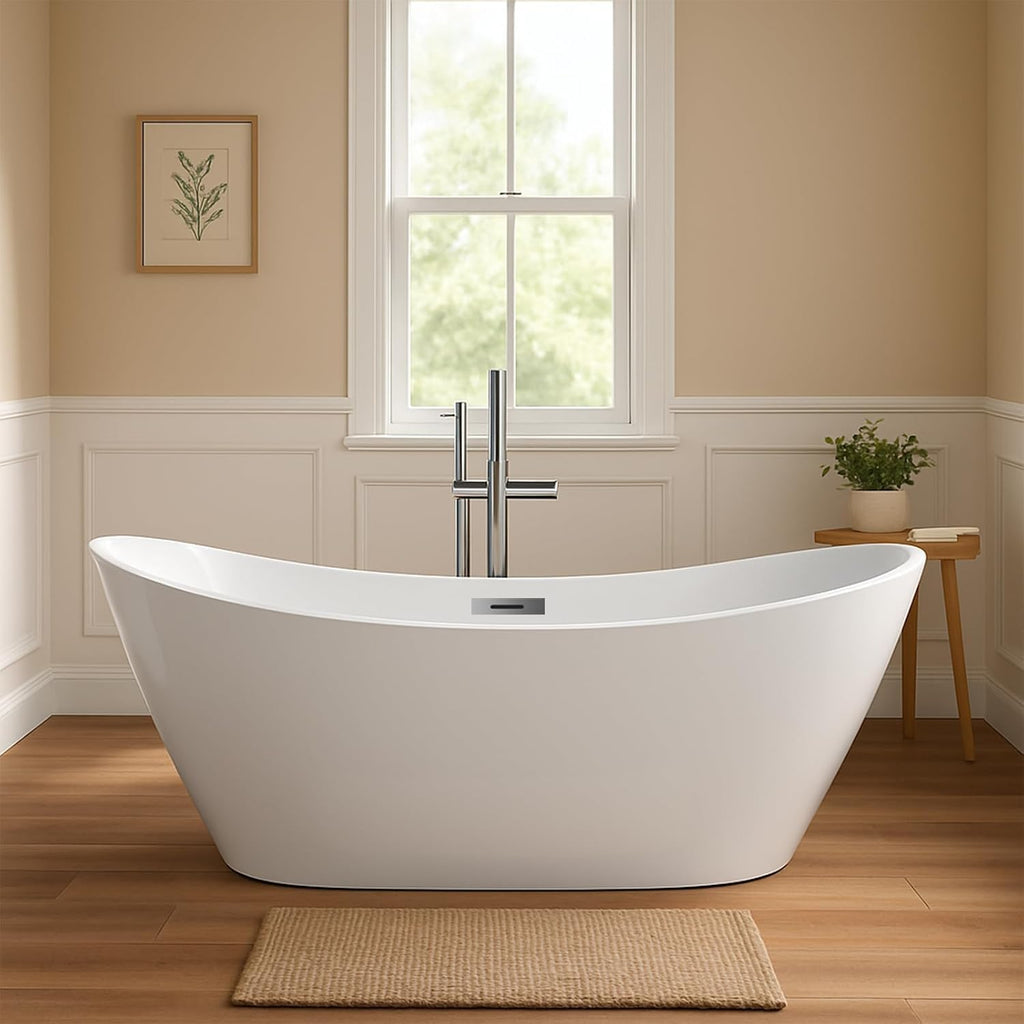 59' Freestanding Bathtub Acrylic Oval Soaking Tub, Chrome Drain and Overflow Cover, Contemporary Stand Alone Bath for Family or Guest Use (Glossy White)