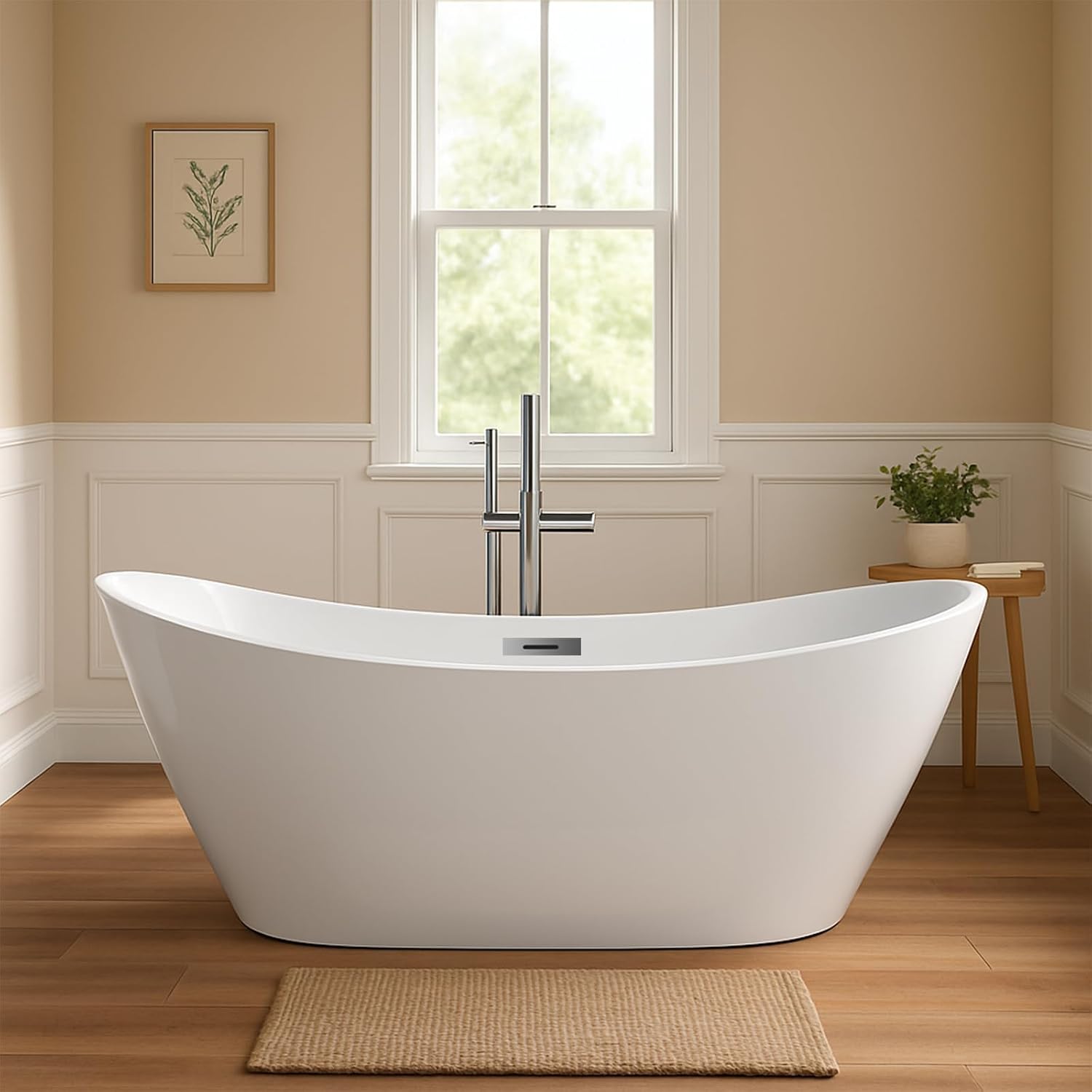 59' Freestanding Bathtub Acrylic Oval Soaking Tub, Chrome Drain and Overflow Cover, Contemporary Stand Alone Bath for Family or Guest Use (Glossy White)
