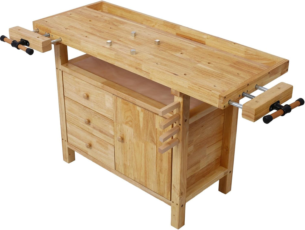 Gecheer Wooden Workbench for Garage and Workshop – Rubberwood Table with 3 Drawers, 1 Cabinet, Bar Clamps Set (2x12 + 2x24), 55'x24.4'x33.1'