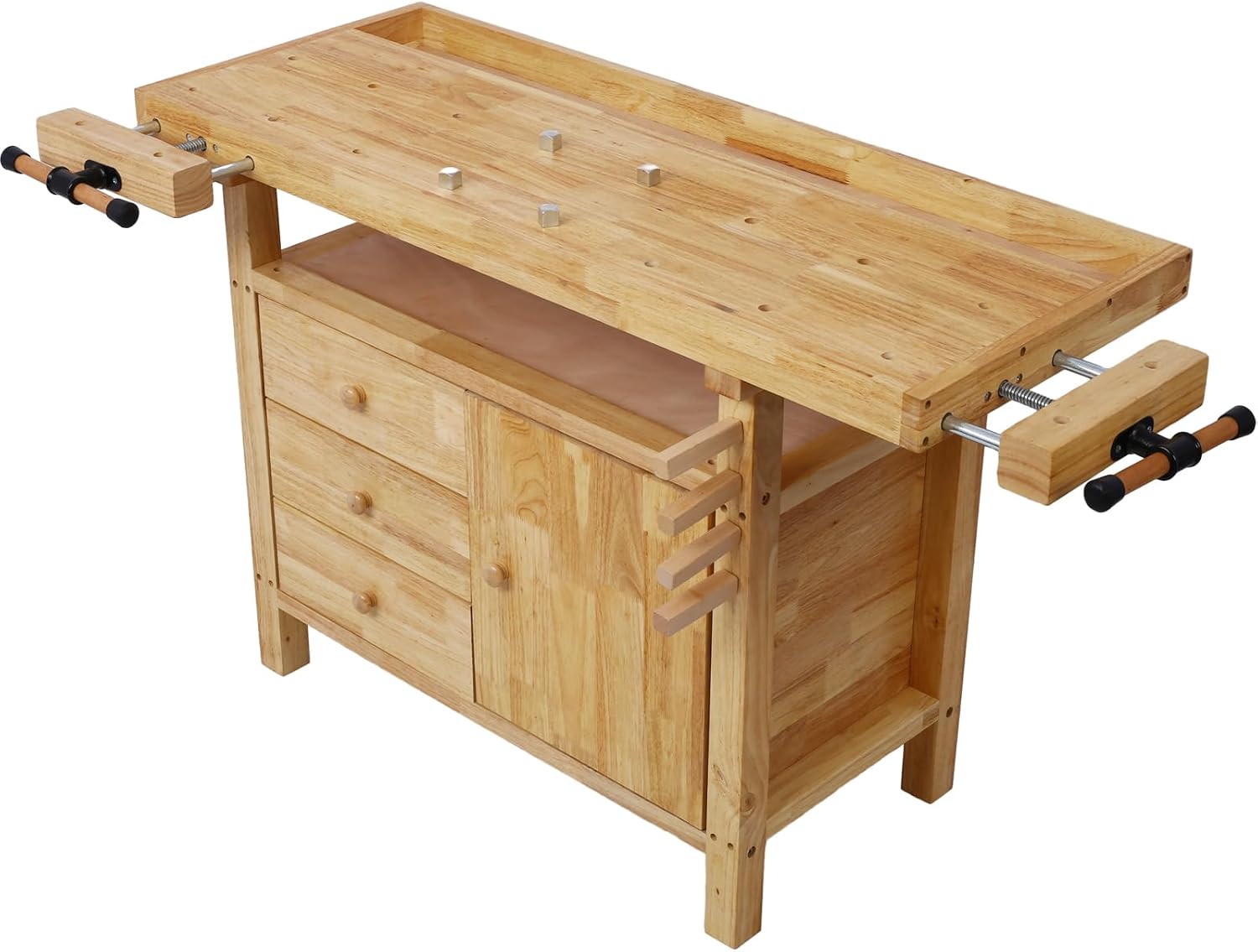 Gecheer Wooden Workbench for Garage and Workshop – Rubberwood Table with 3 Drawers, 1 Cabinet, Bar Clamps Set (2x12 + 2x24), 55'x24.4'x33.1'