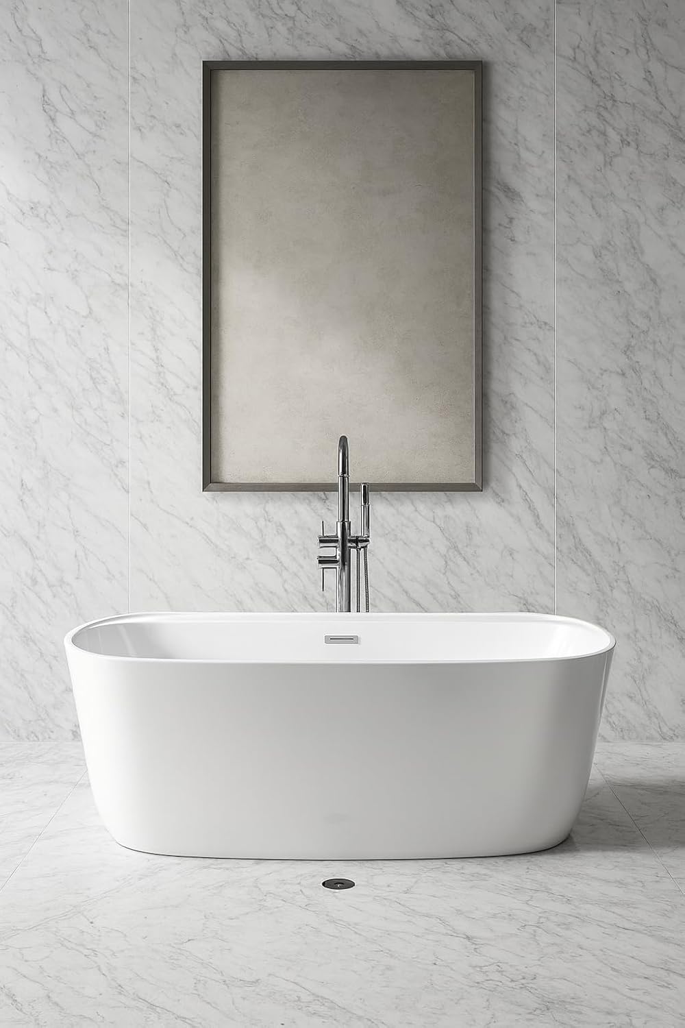 Carver Tubs - Graceful II 67' - Modern White Freestanding Soaking Bathtub With Chrome Center Drain - White Contemporary Oval Acrylic Fiberglass Tub - Deep Relaxing Soak - 67″L x 31'W x 23.5'H