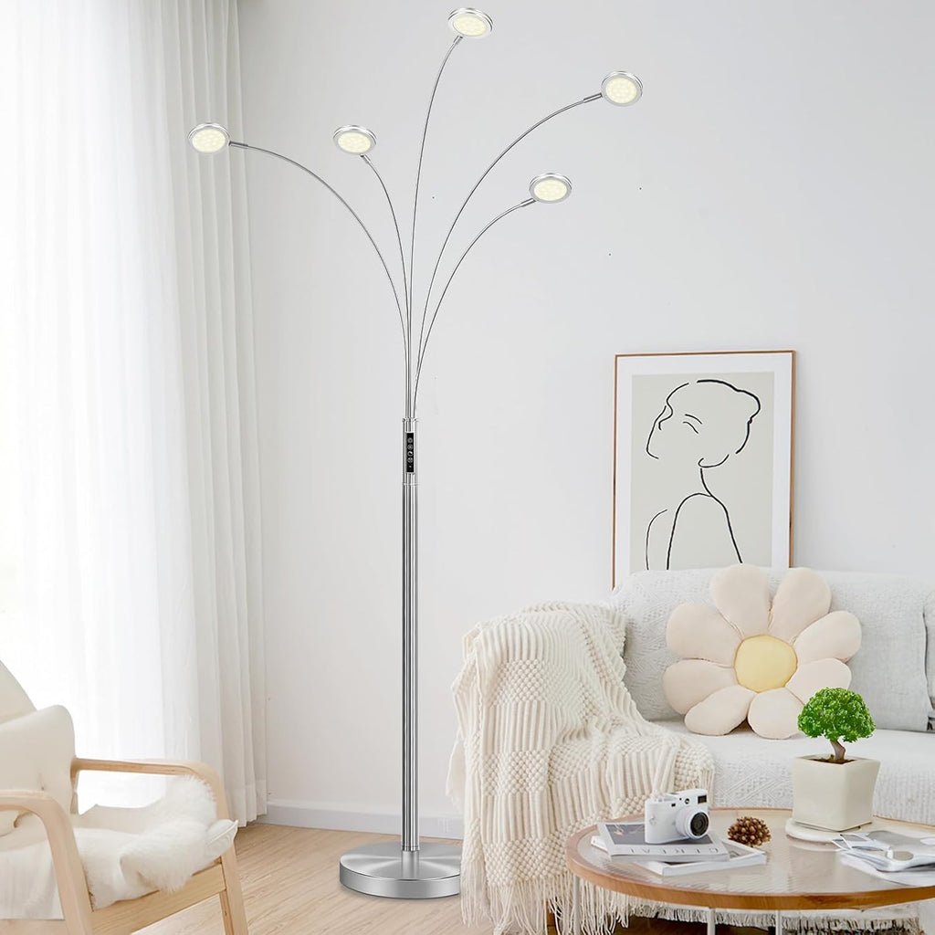 LED Arc Floor Lamp with Remote, 2250LM Dimmable Floor Lamp with Timer, Adjustable Colors, Brightness & 5 Adjustable Arms, Multi-Head Tall Standing Lamp for Living Room Bedroom Office, Satin Nickel