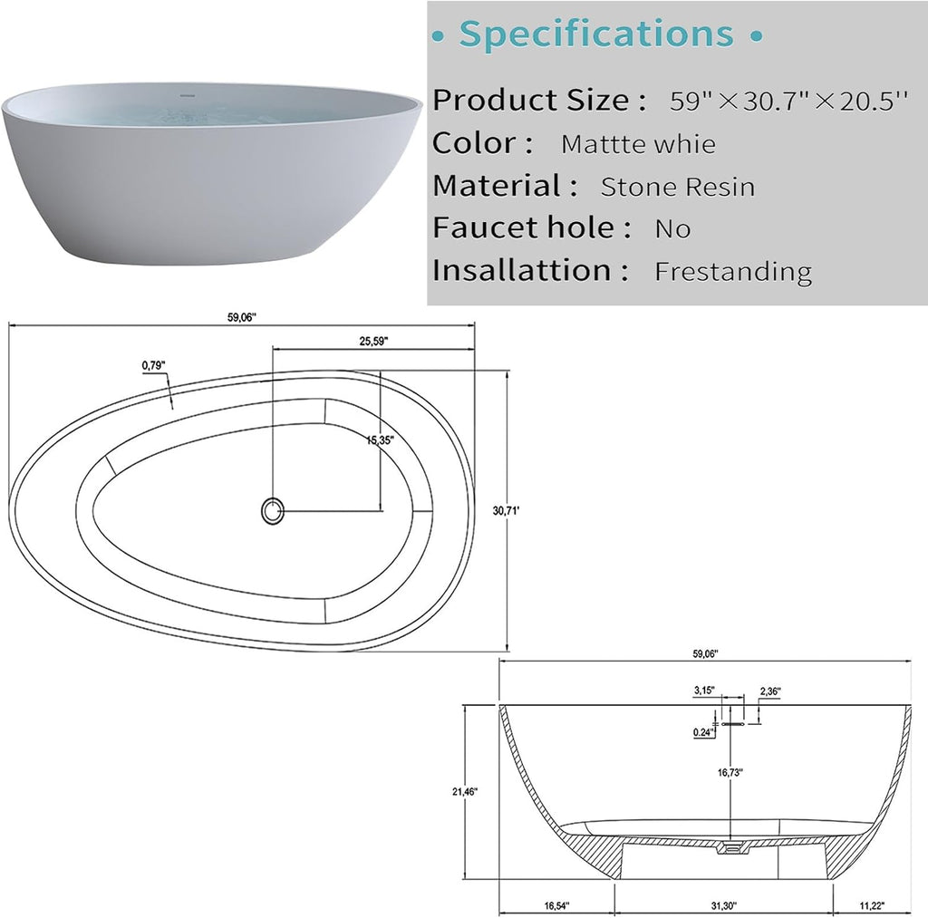 59' Bathtub Acrylic Solid Surface Soaking Tub Freestanding Resin Stone Matte White Stand Alone Tub with Overflow and Pop-Up Drain for Indoor Bathing
