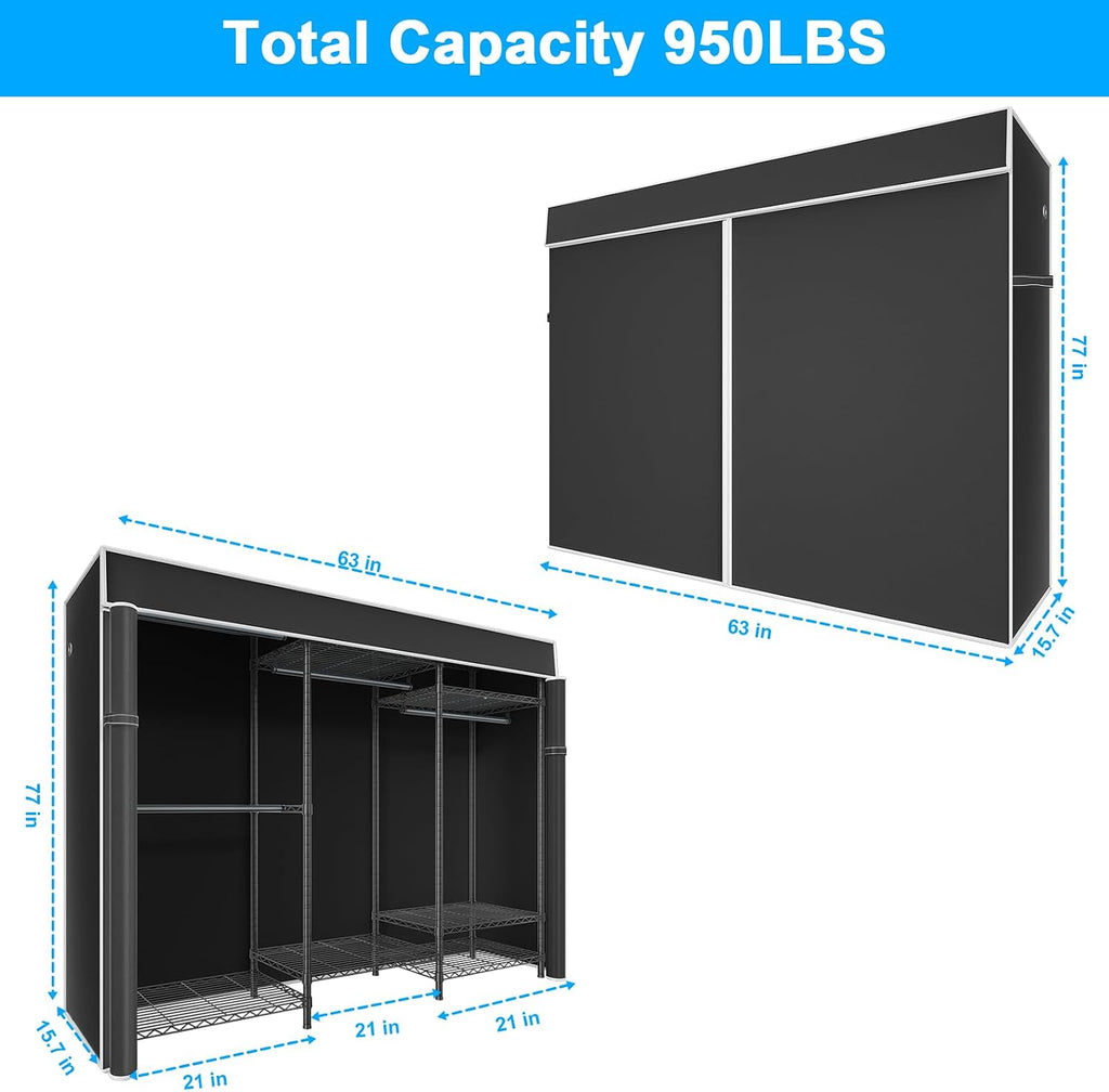 Ulif E12C and E13C Heavy Duty Closet Organizer System, Freestanding Clothing Racks for Hanging Clothes，Adjustable Garment Rack, Black Clothing Rack with Black Dustproof Cover