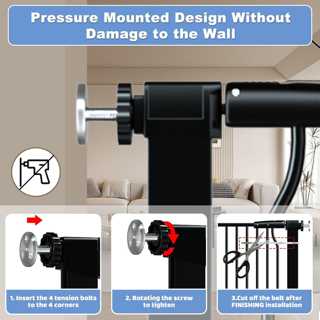 40.55' Extra Tall Baby Gate for Stairs-40.6'-54.7' Wide 1.37' Ultra Narrow Spacing Extra Wide Pet Cat Gate Dog Gate-Auto-Close Pressure Mounted Dog Door for Pets and Kids,Black
