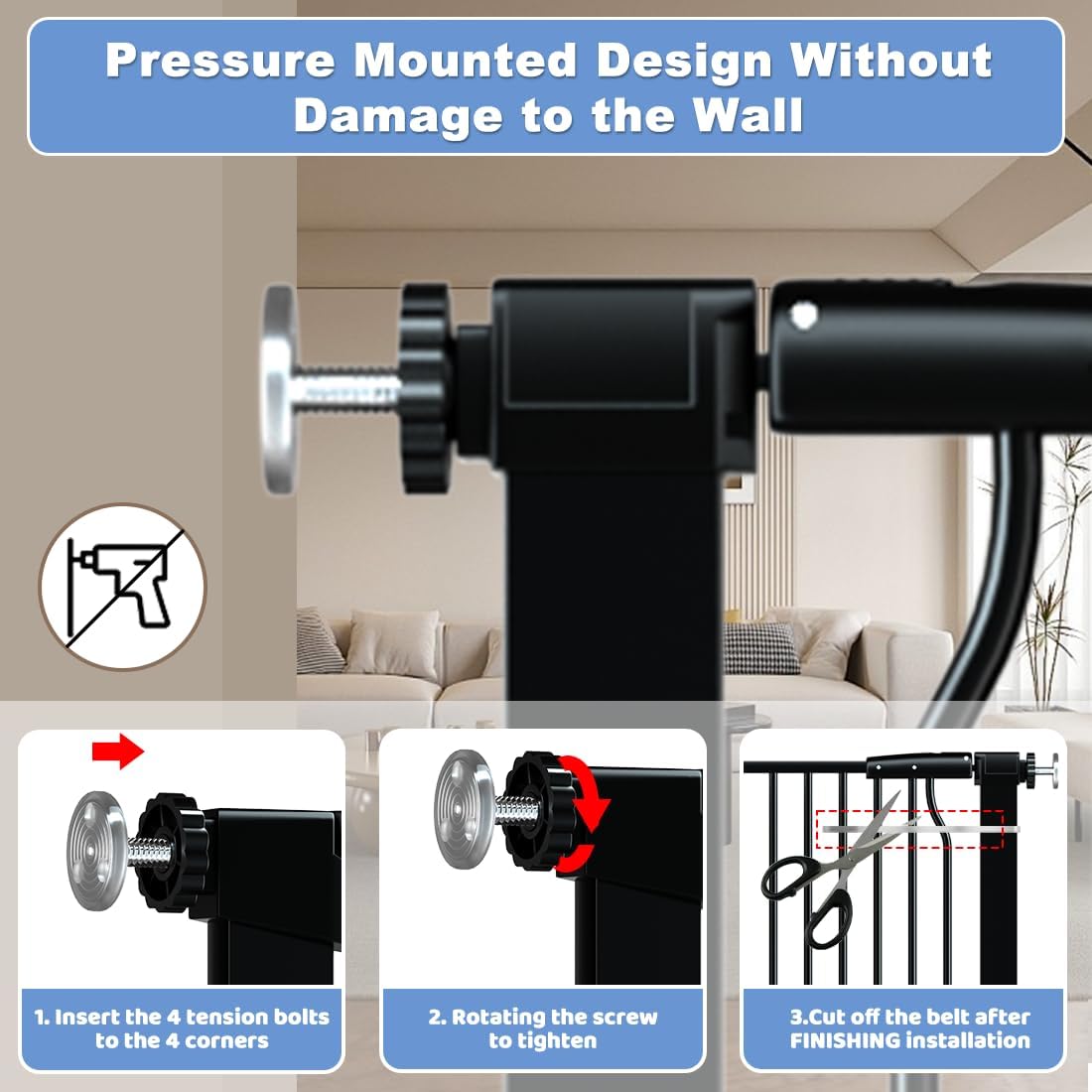 40.55' Extra Tall Baby Gate for Stairs-40.6'-54.7' Wide 1.37' Ultra Narrow Spacing Extra Wide Pet Cat Gate Dog Gate-Auto-Close Pressure Mounted Dog Door for Pets and Kids,Black