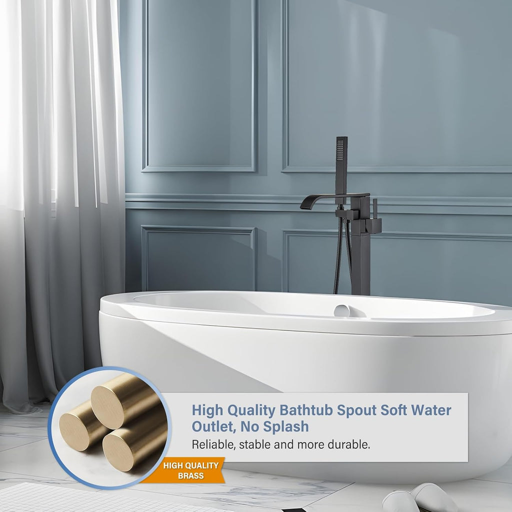 Freestanding Bathtub Faucet Matte Black Floor Mounted Tub Filler with Hand Shower Brass High Flow 360 Degree Swivel Standing Spout Mixer Taps