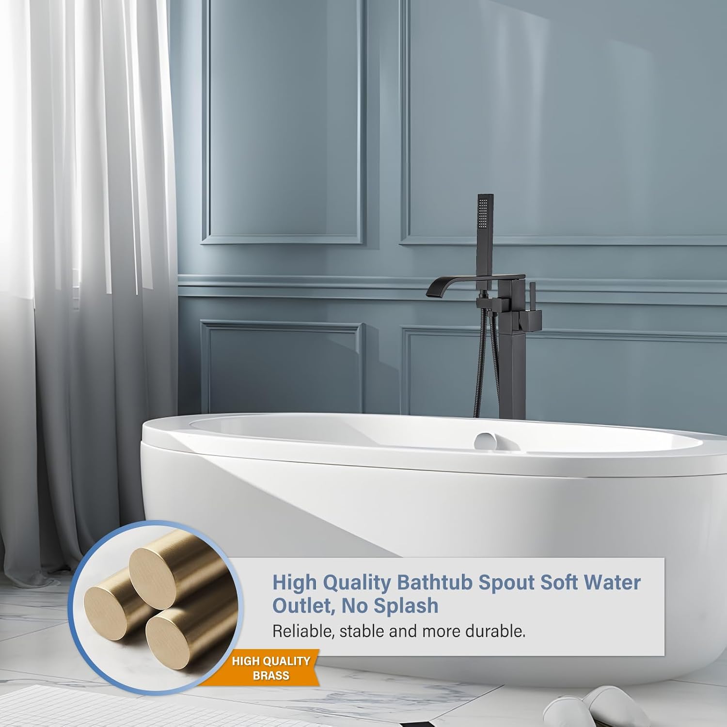 Freestanding Bathtub Faucet Matte Black Floor Mounted Tub Filler with Hand Shower Brass High Flow 360 Degree Swivel Standing Spout Mixer Taps