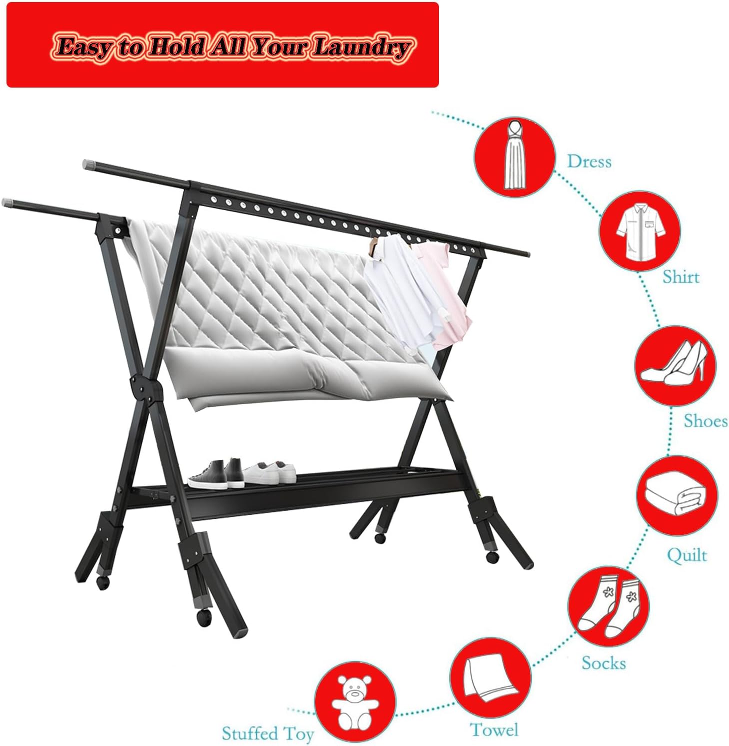 Clothes Drying Racks for Laundry Outdoor,Laundry Drying Rack Foldable,Aluminum Alloy Laundry Stand Organizer with Wheels,Rolling Garment Rack Heavy Duty(Black 230cm/91in)