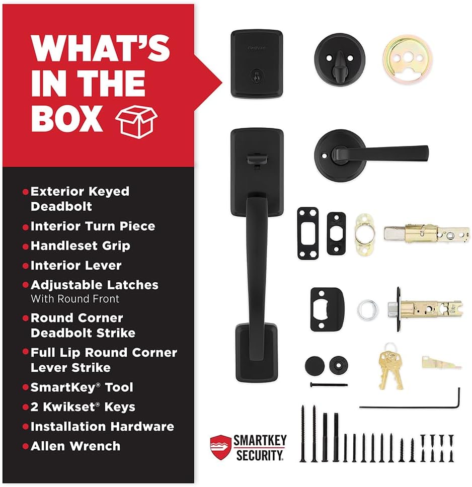 Kwikset Brentford Front Door Lock Handle and Deadbolt Set, Entry Handleset with Trafford Reversible Lever, Matte Black, Pick Resistant SmartKey Rekey Deadbolt Security, with Microban Protection