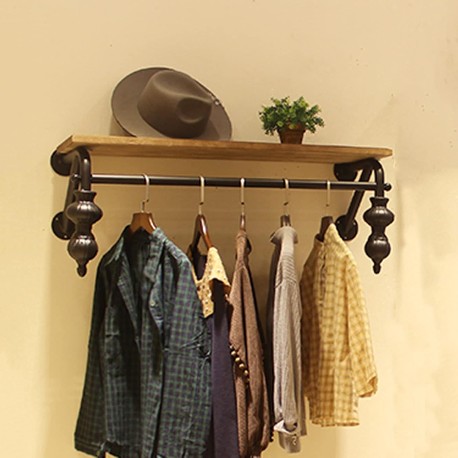 Wall Mounted Garment Rack,Floating Industrial Pipe Garment Rack,Clothes Hanger,Retail Display Garment Rack with Wooden Shelf,Sturdy Organizer,Sturdy Multifu(1-tier-100CM