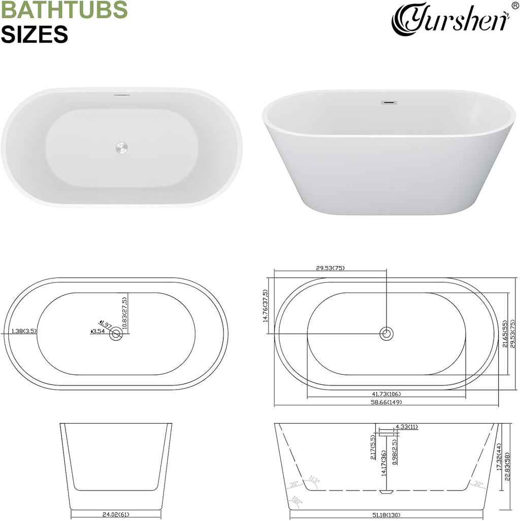 59 Inch Freestanding Acrylic Bathtub White Roll Top Soaking Tub with Chrome Drain Glossy Finish for Modern Bathrooms, YSB9218